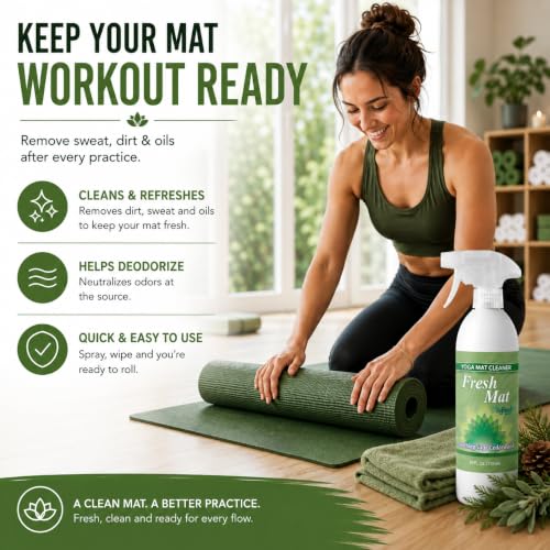 Fresh Mat Yoga Mat Cleaner Spray - Natural Deodorizing Cleaner for Yoga Mats & Fitness Equipment - No-Rinse, Residue-Free Formula with Witch Hazel & Essential Oil, Soothing Sage Cedarwood (24 fl oz). - size: 24 Fl Oz (Pack of 1)