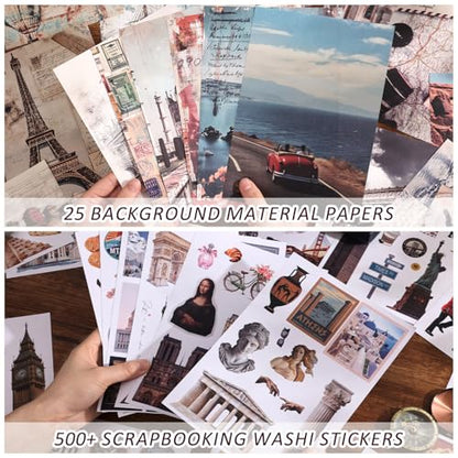 57 Sheets Vintage Travel Scrapbook Sticker Book, 500+ Vintage & Modern Stickers for Scrapbooking, 25 Pcs Ephemera Papers Art Scrapbook Supplies for Adults Teens Women Girls Junk Journal Journaling - style: Travel Style