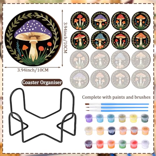 Reallnaive 8 Pcs Mushroom Paint by Numbers Kit for Adults Wooden Coasters | Mini Paint by Numbers, Tiny Black Round Oil Painting Drink Coaster with Holder, for Small DIY Craft Birthday Gift - style: Mushroom