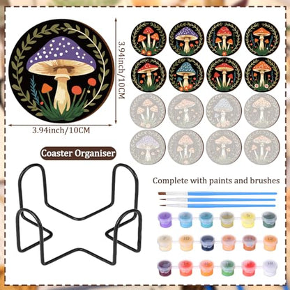 Reallnaive 8 Pcs Mushroom Paint by Numbers Kit for Adults Wooden Coasters | Mini Paint by Numbers, Tiny Black Round Oil Painting Drink Coaster with Holder, for Small DIY Craft Birthday Gift - style: Mushroom