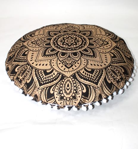 32" Black Gold Mandala Barmeri Large Floor Pillow Cover Cushion Meditation Seating Ottoman Throw Cover Hippie Decorative Zipped Bohemian Pouf Ottoman Poufs, Pom Pom Pillow Cases - size: 32" x 32" (Pack of 1), style: Bohemian