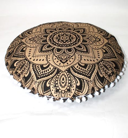 32" Black Gold Mandala Barmeri Large Floor Pillow Cover Cushion Meditation Seating Ottoman Throw Cover Hippie Decorative Zipped Bohemian Pouf Ottoman Poufs, Pom Pom Pillow Cases - size: 32" x 32" (Pack of 1), style: Bohemian