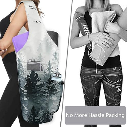 Yoga Mat Bag - Large Opening Long Tote Yoga Mat Carrier Holder Bag with Waterproof Wet Zipper Pocket and Drawstring Water Bottle Pocket - Yoga Bag Fit Most Size Mats - color: Cloud Forest
