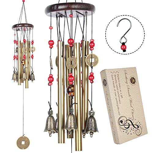 Chinese Traditional Retro 4 Tubes 5 Bells Bronze Yard Garden Outdoor Living Wind Chimes 60cm - size: GuanYin