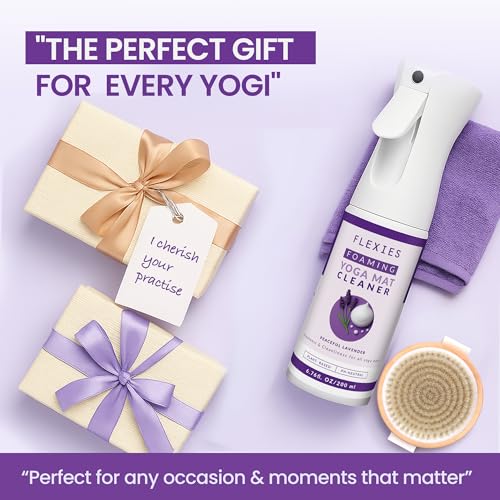 Flexies Foaming Yoga Mat Cleaner Spray Kit, Plant Based Non Toxic Mat Cleaner with Brush and Microfiber Cloth, Yoga Essentials for Women and Men, Pilates Mat Care, Lavender - color: Lavender