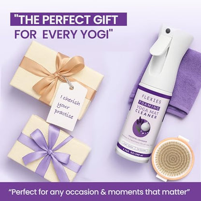 Flexies Foaming Yoga Mat Cleaner Spray Kit, Plant Based Non Toxic Mat Cleaner with Brush and Microfiber Cloth, Yoga Essentials for Women and Men, Pilates Mat Care, Lavender - color: Lavender
