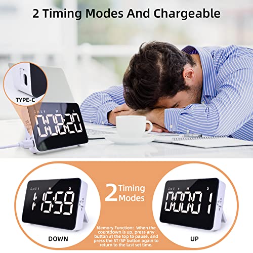 Rechargeable Digital Kitchen Timer for Cooking, Magnetic Timers with Countdown/up, Kids Timer with 5”LED Display 3 Brightness 4 Volume Adjustable for Classroom/Office/Home/Work/Study/Fitness/Game | Countdown/Up, 3 Adjustable Brightness, 4 Adjustable Volum