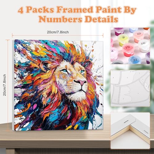 GHHKUD 4 Pack Animals Paint by Numbers Kits for Adults with Frame, DIY Peinture a Numero Adultes Enfant Colorful Animals, Framed Painting by Numbers on Canvas Gifts for Home Decor 20x20cm - color: Animals