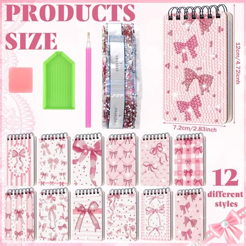 Fuyoooo 12 Pcs Pink Bow Diamond Art Notebook for Adults, 4.72 x 2.83 Inch | Coquette Bow Diamond Art Kits, Bowknot DIY Cover Notebook Diamond Painting for Beginners, 5d Journal Notepad Accessories - style: Pink Bow