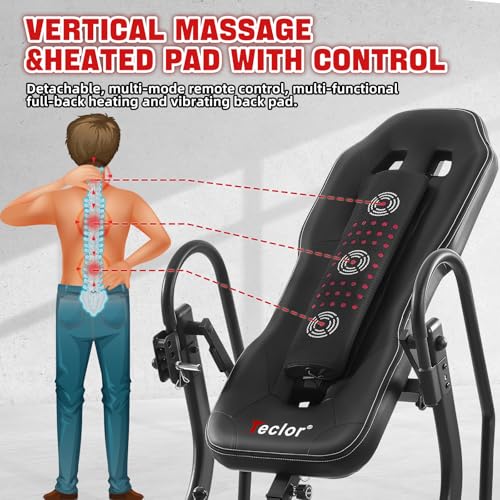Teclor Inversion Table,Advanced Heat and Massage Function,Strength Training Inversion Table for Back Pain Relief,350 lbs Capacity with Thickened 3D Memory Foam backrest,Black