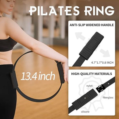Wavar Pilates Essentials Kit for Women, 13.5" Magic Circle Fitness Set | with mini ball & resistance bands, for beginner home workouts, including exercise guide - color: Black
