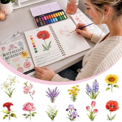 Watercolor Workbook - Water Coloring Book Set for Adults. 14 Beautiful Flower Designs Water Colors Book, 24-Color Watercolor Paint, 3 Brush Pens, 300g Watercolor Paper, Friendly for Beginners - color: Purple-Flower
