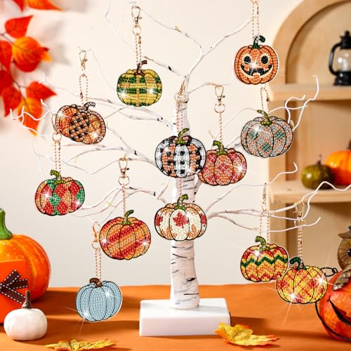 WILLBOND 30 Pcs Halloween Pumpkin Diamond Art Keychains Kits for Beginner | Halloween Diamond Art, Double Sided, DIY Pumpkin Diamond Painting Keychain Ornaments Kits for Adults Crafts Gifts Decor - color: Pumpkin