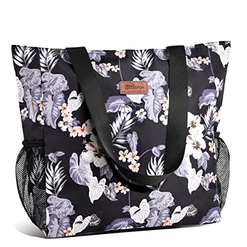 Buringer Large Waterproof Beach Bag for Women Sandproof Tote Bag with Zipper and Pockets Pool Bag for Travel Gym Vacation - color: Floral