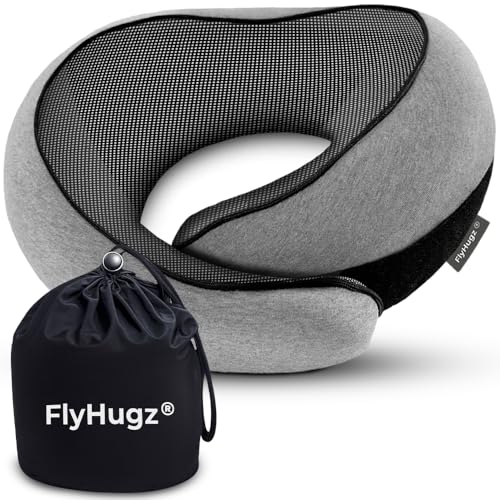 FlyHugz® Neck Travel Pillow Memory Foam Neck Pillow for Comfort on Airplane Compact and Ergonomic Design for Travel, Car Rides, and Home Use Ideal for Adults and Kids. - color: Gray