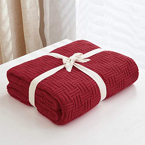Large 100% Cotton Red Cable Knit Throw Blanket for Couch Sofa Bed with Bonus Laundering Bag - 60"x 80", Oversize, 3.4 LB, Machine Washable, Comfortable Home Decor - color: Wine Red, Stripe Pattern, size: 60"x80"