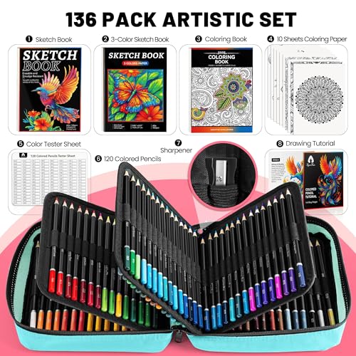 136 PCS Colored Pencils Set for Adult Coloring Books, 120 Colored Pencils | with Sketchbook, Coloring Book, Sharpener, Tutorial, Soft Core Sketching Drawing Pencils, Art Supplies for Adults Artists