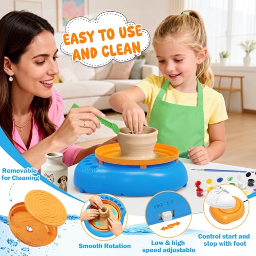 Weilim Pottery Wheel for Kids Beginners, Air-Dry Clay & Paint Kit Ages 6-12 | 3 Clay Packs, 14 Paint Colors, Sculpting Tools, Brushes, Palette,Apron; Gentle Beginner Spin, USB Rechargeable, No Oven - color: Blue
