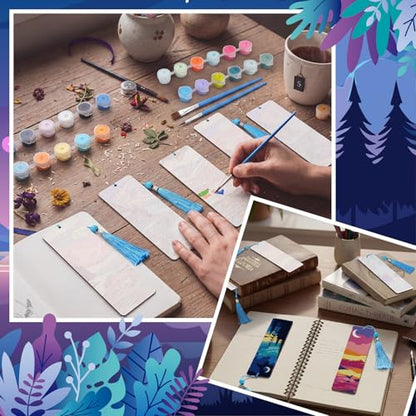 Kosiz 12 Pcs Night Landscape Paint by Number Kit for Adult Wood Bookmark | Mini Paint by Numbers Kit, Painting Decor, Tiny Mountain Tassels Blank Bookmarks, for Small DIY Craft Book Lovers Gift 7x2 '' - style: Night Landscape