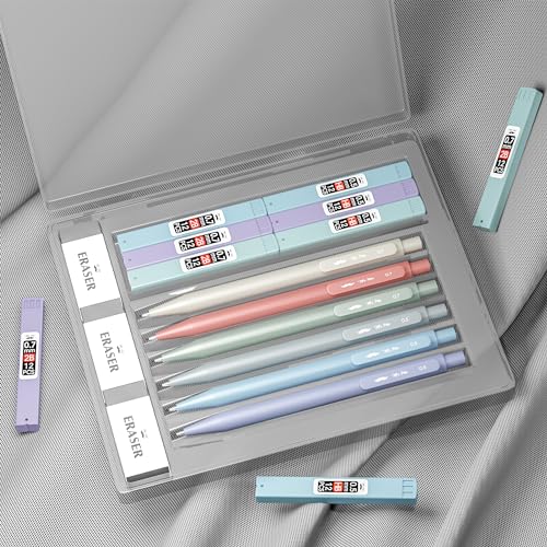 Mr. Pen- Pastel Mechanical Pencil Set with Lead Refills & Erasers, 6 Pack | 2 Sizes, 0.5 & 0.7mm, 6x Tubes HB & 2B Lead Refill, 3x Erasers for School Supplies, Note Taking, Drawing, Sketching, Office
