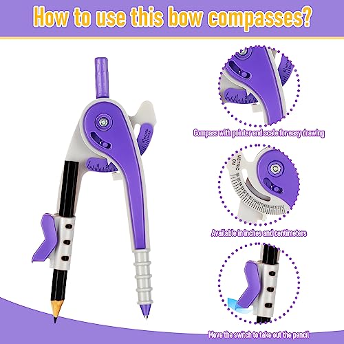EBOOT Student Geometry Math Set, Drawing Compass and 6 Inch Clear Swing Arm Protractors 180 Degree Math Protractor (Purple) - color: Purple