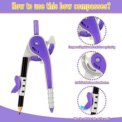 EBOOT Student Geometry Math Set, Drawing Compass and 6 Inch Clear Swing Arm Protractors 180 Degree Math Protractor (Purple) - color: Purple