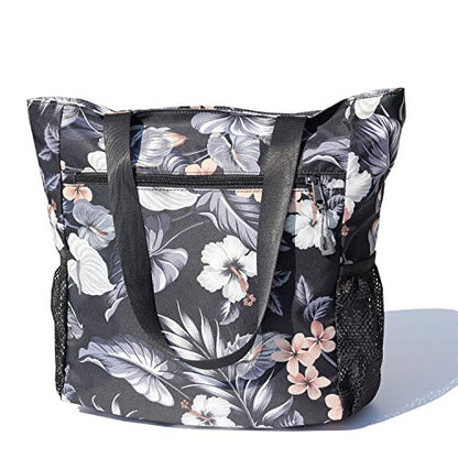 ESVAN Original Floral Tote Bag Large Shoulder Bag with Multi Pockets for Gym Travel Beach Daily Bags - color: C Black Gray Leaf