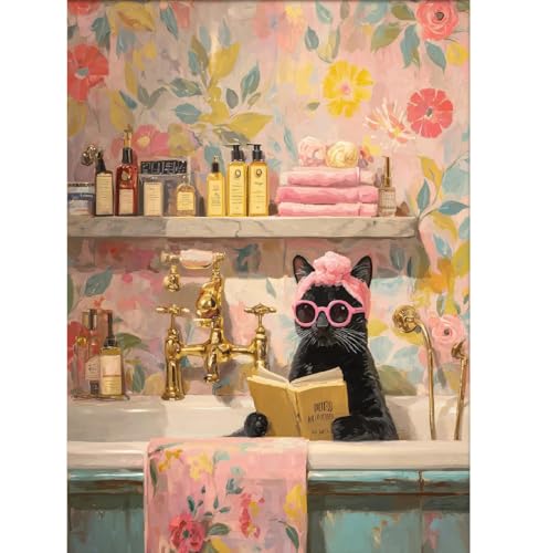 Black Cat Diamond Art Kits for Adults Diamond Painting Kit for Beginner | Bathroom Animal 5D Funny DIY Diamond Dots Full Drill Crafts for Gem Art Dot Art for Adults Home Wall Decor for Teens 12x16 in - color: DP03296