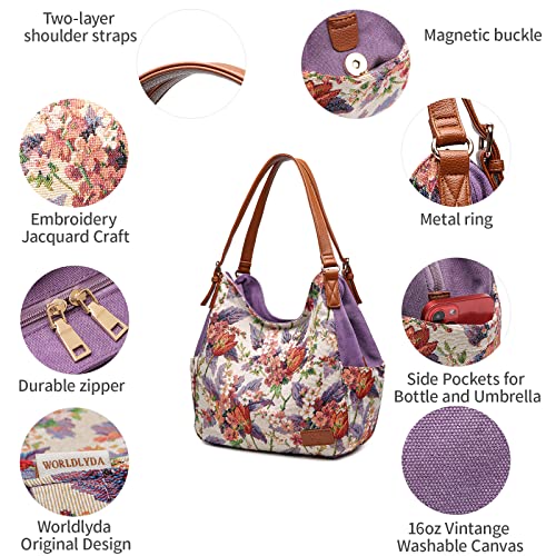 Worldlyda Women Canvas Hobo Purse Multi Pocket Tote Shopper Shoulder Bag Casual Top Handle handbag with Embroidery Ethnic - color: Be06purple Flower