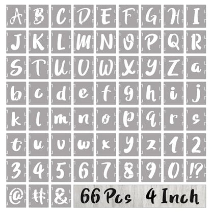BAMIDELE 4 Inch Letter Stencils and Numbers, 66 Pcs Reusable Plastic Alphabet Symbol Interlocking Drawing Template Kit for Painting on Wood, Wall, Chalkboard, Fabric, Door Porch, Signage - size: 4 Inch