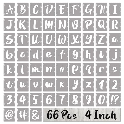 BAMIDELE 4 Inch Letter Stencils and Numbers, 66 Pcs Reusable Plastic Alphabet Symbol Interlocking Drawing Template Kit for Painting on Wood, Wall, Chalkboard, Fabric, Door Porch, Signage - size: 4 Inch