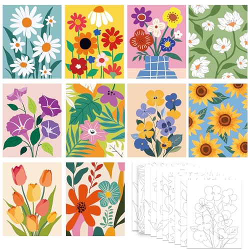 Nuberlic 10 Packs 8X10 Pre Drawn Canvas for Painting Floral Pre Printed Canvas Painting Kit Vibrant Botanical Pre Drawn Canvas to Teens Night Party Supplies - size: 8x10, style: Floral Pattern