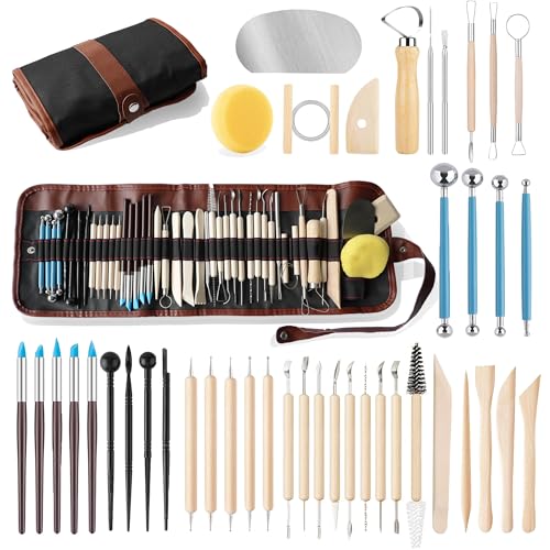 CeeVian Pottery Sculpting Tools Set 43PCS Clay Carving Tools | with Stainless Steel,Wooden Clay Carving Tools,Ball Stylus, Rubber Tip Shapers,Sponge & Storage Bag for Ceramic,Polymer Clay - color: Wood-43PCS