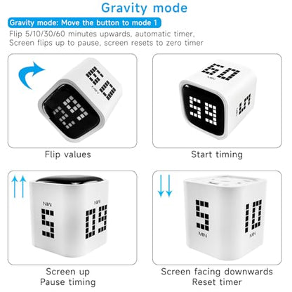 Qumox Digital Cube Timer, Rechargeable Flip Timer with Gravity Sensor & Manual Mode, 5/10/30/60 Minute Countdown, USB-C, LED Display, Vibration & Sound Alerts for Study, Work, Cooking, Fitness