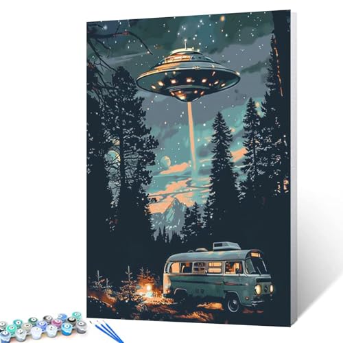 Tucocoo Starry UFO DIY Paint by Numbers for Adults Bus in Forest DIY Oil Painting Acrylic Paint Art Moon Stars Painting Kits Canvas with Acrylic Paint UFO Fantasy Decor 16x20 Inch （DIY Frame ） - color: Ufo 03, size: 16''x20''(DIY Frame)