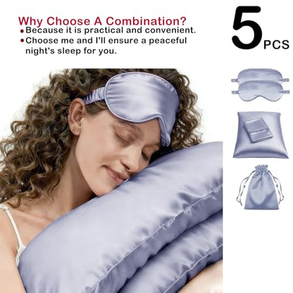 5Pcs Silky Sleep Mask Eye Masks Breathable Soft Satin Pillowcases Set for Sleeping Similar to Silk Pillowcase Travel Gift - color: Dusty Blue-queen Size