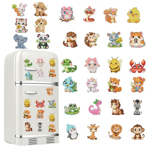 30Pcs Animal Diamond Painting Magnets Kits for Adults, Cute Animal Diamond Art Magnet Kits for Beginners, 5D DIY Rhinestone Elephant Cow Refrigerator Magnetic Sticker for Crafts Fridge Gifts