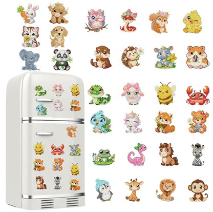 30Pcs Animal Diamond Painting Magnets Kits for Adults, Cute Animal Diamond Art Magnet Kits for Beginners, 5D DIY Rhinestone Elephant Cow Refrigerator Magnetic Sticker for Crafts Fridge Gifts