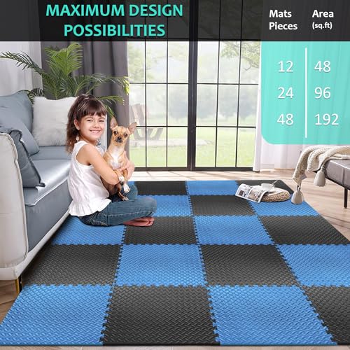 BEAUTYOVO Puzzle Exercise Mat with 12/24/48 Tiles Interlocking Foam Gym Mats, 24'' x 24'' EVA Foam Floor Tiles, Protective Flooring Mats for Gym Equipment - color: 48 Sq.ft/12 Tiles - Black & Blue