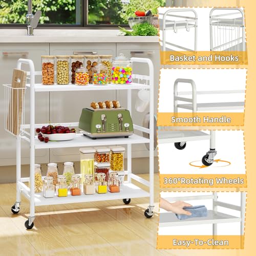 HDANI 3 Tier Metal Rolling Utility Cart,High Capacity Multi Purpose Heavy Duty Cart for Office,Kitchen,Living Room,Bedroom,White - color: White, size: Large Solid with Basket