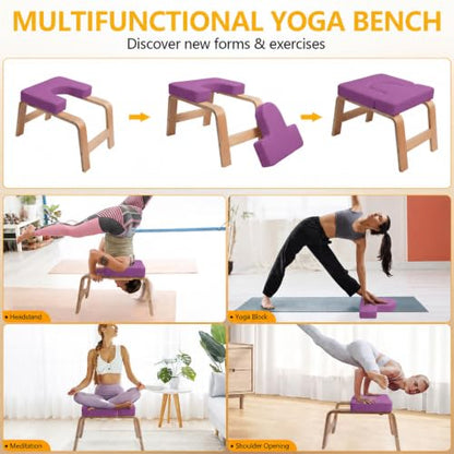 Yoga Headstand Bench PU Pad Headstand Trainer Max Load 300lbs | Yoga Headstand Bench Stress Relief Balance Trainer Supports with Wood Frame and Pu Pad Body Shaping Practice - color: Purple