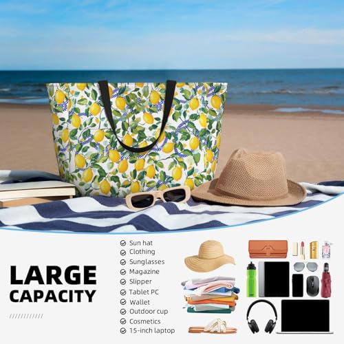Large Beach Bag for Women Waterproof Foldable Travel Shoulder Tote Bag with Pocket for Weekender Pool Vacation - color: Lemon White