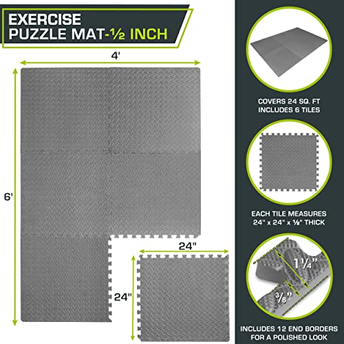 ProsourceFit Exercise Puzzle Mat ½-inch, EVA Interlocking Foam Floor Tiles for Home Gym, Workout Equipment, Kids Play Areas, Grey, 24 SQ FT - 6 Tiles - color: Grey, size: 6 Pack (24 SQ FT)