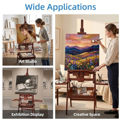 Large Horizontal Wooden Painting Easel, Holds up to 50'' | H-Frame Studio Easel Stand with Storage Drawer and Palettes, Suitable for Adults, Beginners, and Artists, Walnut - style: Walnut