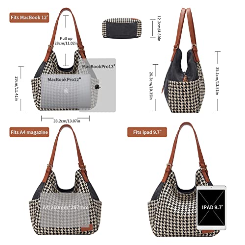 Worldlyda Women Canvas Hobo Purse Multi Pocket Tote Shopper Shoulder Bag Casual Top Handle handbag with Embroidery Ethnic - color: Be06black-houndstooth