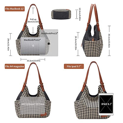 Worldlyda Women Canvas Hobo Purse Multi Pocket Tote Shopper Shoulder Bag Casual Top Handle handbag with Embroidery Ethnic - color: Be06black-houndstooth