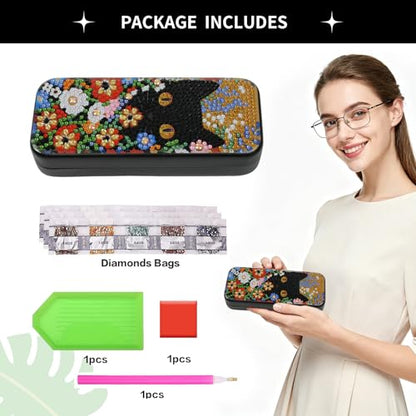 FlyingMage 5D Diamond Art Painting Kit for Adults Beginner, Small DIY Diamond Dots Gem Art Painting Mosaic Kits, Cute Hard Shell Sunglasses Eyeglasses Glasses Case for Women Teen, Flower Cat - color: Orange Cat