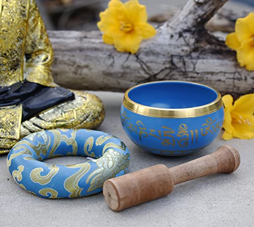 DharmaObjects Tibetan Meditation Om Mani Singing Bowl/Cushion/Mallet (Turquoise) - color: Turquoise, size: Small