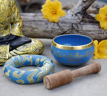 DharmaObjects Tibetan Meditation Om Mani Singing Bowl/Cushion/Mallet (Turquoise) - color: Turquoise, size: Small