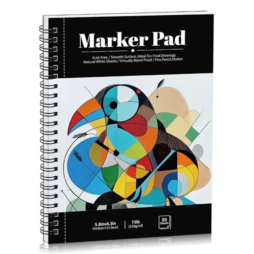Marker Paper Pad 5.8 × 8.3 in, 50 Sheets, Spiral Bound, 120gsm | Bleed-Resistant, Acid-Free Paper, for Alcohol Markers & Mixed Media, Portable Sketchbook - color: Classic, size: 5.8×8.3 Inch (50 Sheets )